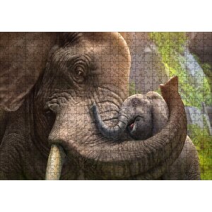 Anne Fil Ve Mutlu Yavrusu Dijital Çizim Puzzle Yapboz Mdf Ahşap 500 Parça