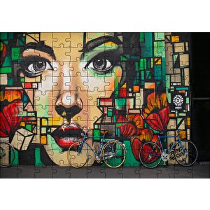 Duvar Boyama Kadın Yüzü Ve Bisikletler Puzzle Yapboz Mdf Ahşap 120 Parça