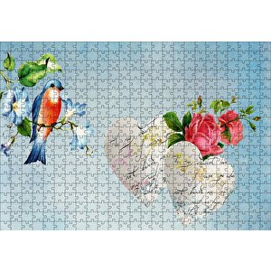 Kırmızı Güller Kuş Ve Kalpli Mektuplar Puzzle Yapboz Mdf Ahşap 500 Parça