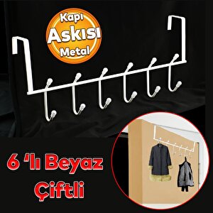 Ahşap Kapı Arkası Çift Askılık Elbise Havlu Asma Askı Metal 6'lı Banyo Lavabo Sağlam Aparat Beyaz