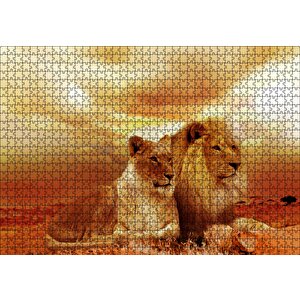Günbatımında Aslan Çifti Puzzle Yapboz Mdf Ahşap 1000 Parça