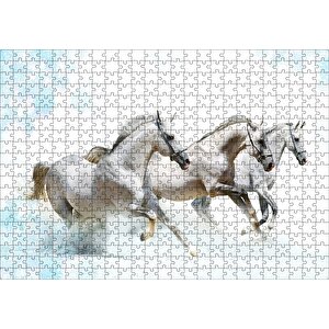 Koşan Beyaz Üç Beyaz Atlar Puzzle Yapboz Mdf Ahşap 500 Parça