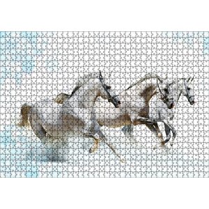 Koşan Beyaz Üç Beyaz Atlar Puzzle Yapboz Mdf Ahşap 1000 Parça