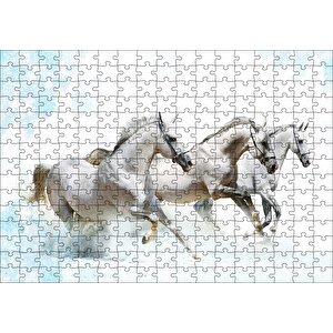 Koşan Beyaz Üç Beyaz Atlar Puzzle Yapboz Mdf Ahşap 255 Parça
