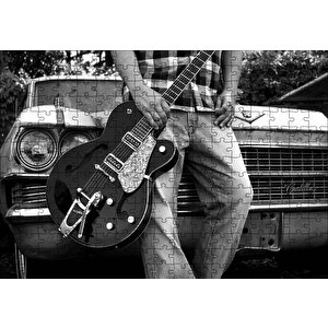 Beyaz Cadillac Ve Elektrogitarlı Genç Puzzle Yapboz Mdf Ahşap 255 Parça