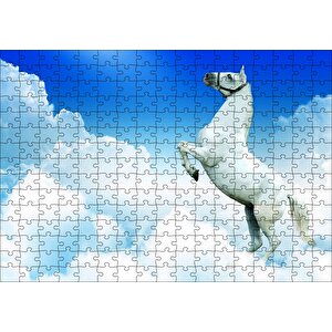 Beyaz Bulutlar Ve Şahlanan Beyaz At Puzzle Yapboz Mdf Ahşap 255 Parça