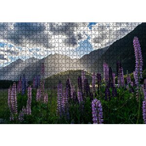 Sümbüller Çayırlar Dağlar Ve Bulutlar Puzzle Yapboz Mdf Ahşap 1000 Parça
