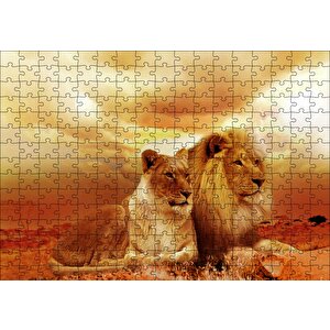 Günbatımında Aslan Çifti Puzzle Yapboz Mdf Ahşap 255 Parça