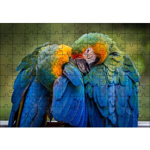 Bir Çift Mavi Macaw Papağanı Puzzle Yapboz Mdf Ahşap 120 Parça