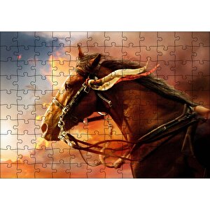 Kızıl Bulutlar Koşan Kahverengi At Görseli Puzzle Yapboz Mdf Ahşap 120 Parça