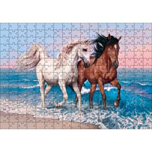 Pilajda Koşan Beyaz Kahve Rengi Atlar Puzzle Yapboz Mdf Ahşap 255 Parça