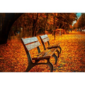 Kızıl Sonbahar Yaprakları Ve Boş Banklar Puzzle Yapboz Mdf Ahşap 500 Parça
