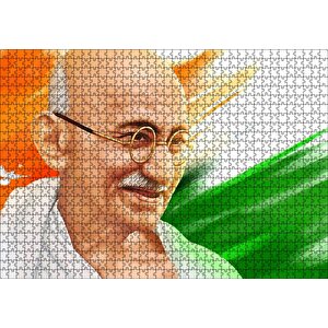 Mahatma Gandhi Turuncu Beyaz Yeşil Fon Puzzle Yapboz Mdf Ahşap 1000 Parça