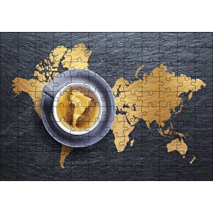 Kahve Köpüğünden Dünya Haritası Ve Fincanda Güney Amerika Puzzle Yapboz Mdf Ahşap 120 Parça