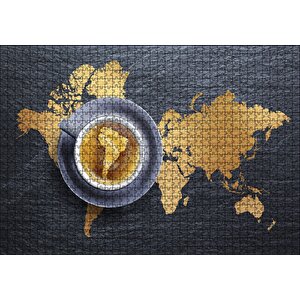 Kahve Köpüğünden Dünya Haritası Ve Fincanda Güney Amerika Puzzle Yapboz Mdf Ahşap 1000 Parça
