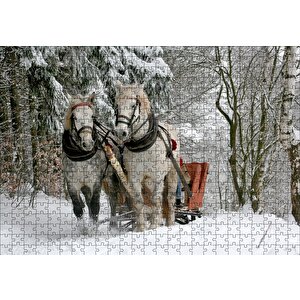 Karda Kızak Çeken Bir Çift At Puzzle Yapboz Mdf Ahşap 500 Parça