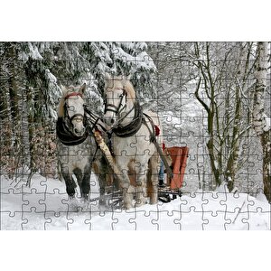 Karda Kızak Çeken Bir Çift At Puzzle Yapboz Mdf Ahşap 120 Parça