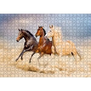 Kahve Renk Tonlarındaki Üç At Görseli Puzzle Yapboz Mdf Ahşap 500 Parça