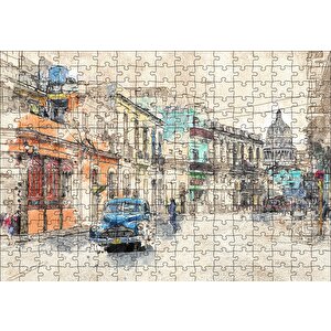 Küba Sokak Manzarası Çizim Puzzle Yapboz Mdf Ahşap 255 Parça