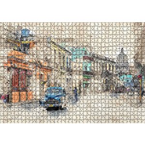 Küba Sokak Manzarası Çizim Puzzle Yapboz Mdf Ahşap 1000 Parça