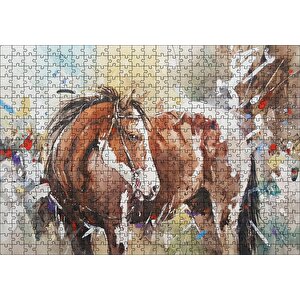 Kahverengi Beyaz At Büyük Fırça Darbeleri Puzzle Yapboz Mdf Ahşap 500 Parça