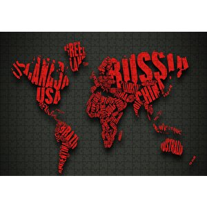 Siyah Zemin Kırmızı Dünya Haritası Ve Ülke İsimleri Puzzle Yapboz Mdf Ahşap 500 Parça