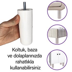 Destek Ayağı 12 Cm Beyaz Ve Metal Düz Ayak Tabanı M8 Civatalı İnce Diş Mobilya Kanepe Baza Koltuk Seti