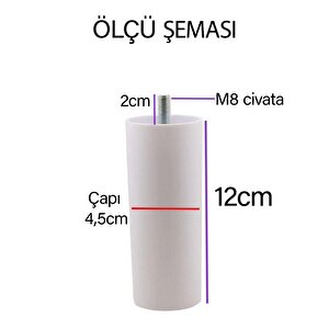 Destek Ayağı 12 Cm Beyaz Ve Metal Düz Ayak Tabanı M8 Civatalı İnce Diş Mobilya Kanepe Baza Koltuk Seti