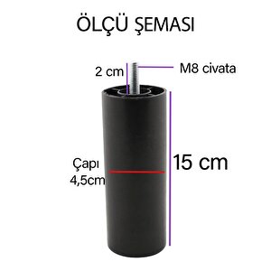Destek Ayağı 15 Cm Siyah Ve Metal Düz Ayak Tabanı M8 Civatalı İnce Diş Mobilya Kanepe Baza Koltuk Seti