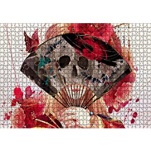 Cakapuzzle  Kadın Yelpaze Kurukafa Ve Kelebek Puzzle Yapboz Mdf Ahşap