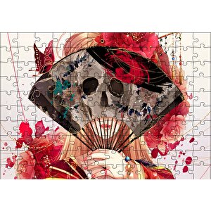 Kadın Yelpaze Kurukafa Ve Kelebek Puzzle Yapboz Mdf Ahşap 120 Parça