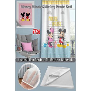 Disney Minnie & Mickey Tekli Fon Perde + Bambu Pilesiz Tül Perde + Saten Güneşlik 140x245 cm