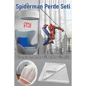 Spiderman Action Tekli Fon Perde + Bambu Pilesiz Tül Perde + Saten Güneşlik - Erkek Çocuk Perde 140x250 cm