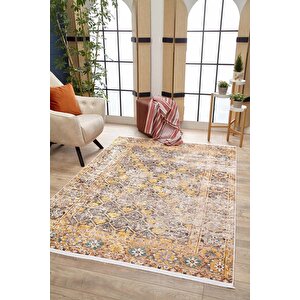 Klasik Sarı Salon&yolluk Dijital Baskılı Makinede Yıkanabilir Kaymaz Taban Saçaklı Halı Hk191 120x180 cm