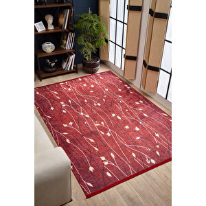Klasik Kırmızı Salon&yolluk Dijital Baskılı Makinede Yıkanabilir Kaymaz Taban Saçaklı Halı Hk150 120x180 cm