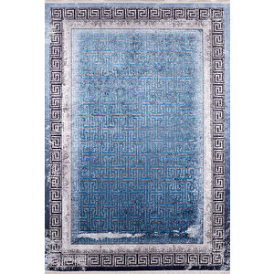 Modern Mavi Çerçeveli Dijital Baskı Hipoalerjenik Kaymaz Taban Halı Yolluk Ha185 120x180 cm