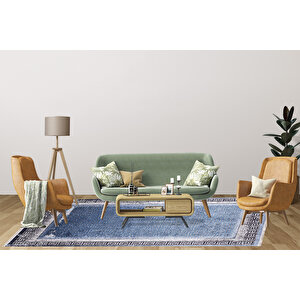 Modern Mavi Çerçeveli Dijital Baskı Hipoalerjenik Kaymaz Taban Halı Yolluk Ha185