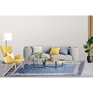 Modern Mavi Çerçeveli Dijital Baskı Hipoalerjenik Kaymaz Taban Halı Yolluk Ha185