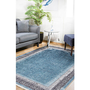 Modern Mavi Çerçeveli Dijital Baskı Hipoalerjenik Kaymaz Taban Halı Yolluk Ha185