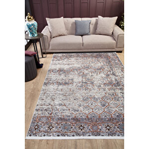 Klasik Gri Salon&yolluk Dijital Baskılı Makinede Yıkanabilir Kaymaz Taban Saçaklı Halı Hk193 80x400 cm