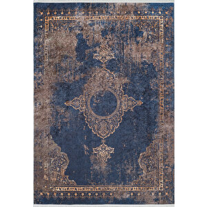 Klasik Lacivert Salon&yolluk Dijital Baskılı Makinede Yıkanabilir Kaymaz Taban Saçaklı Halı Hk190 160x230 cm