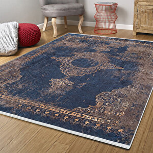 Klasik Lacivert Salon&yolluk Dijital Baskılı Makinede Yıkanabilir Kaymaz Taban Saçaklı Halı Hk190 160x230 cm