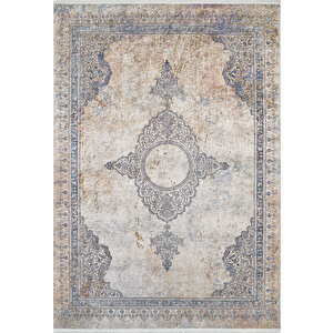Klasik Bej Salon&yolluk Dijital Baskılı Makinede Yıkanabilir Kaymaz Taban Saçaklı Halı Hk189 80x400 cm