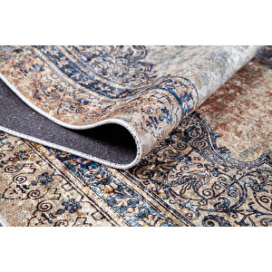 Klasik Bej Salon&yolluk Dijital Baskılı Makinede Yıkanabilir Kaymaz Taban Saçaklı Halı Hk189 80x400 cm