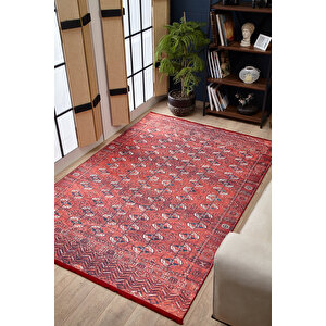 Klasik Kırmızı Salon&yolluk Dijital Baskılı Makinede Yıkanabilir Kaymaz Taban Saçaklı Halı Hk201 120x180 cm