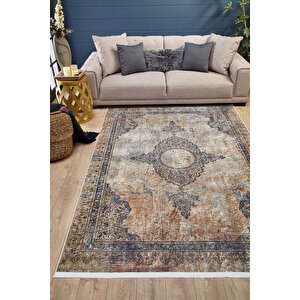 Klasik Bej Salon&yolluk Dijital Baskılı Makinede Yıkanabilir Kaymaz Taban Saçaklı Halı Hk189 160x230 cm