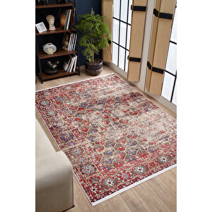 Klasik Kırmızı Salon&yolluk Dijital Baskılı Makinede Yıkanabilir Kaymaz Taban Saçaklı Halı Hk194