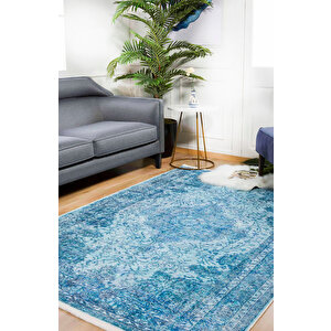 Klasik Mavi Salon&yolluk Dijital Baskılı Makinede Yıkanabilir Kaymaz Taban Saçaklı Halı Hk138 100x500 cm