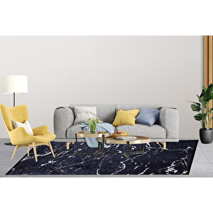 İskandinav Siyah Mermer Desen Dijital Baskı Hipoalerjenik Kaymaz Taban Halı Yolluk 100x150 cm