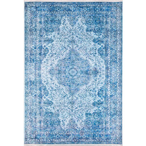Klasik Mavi Salon&yolluk Dijital Baskılı Makinede Yıkanabilir Kaymaz Taban Saçaklı Halı Hk138 100x400 cm